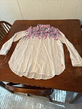 Joules 100% Linen Button Up Top Women’s 12 Long Sleeve Shirt Floral Blouse